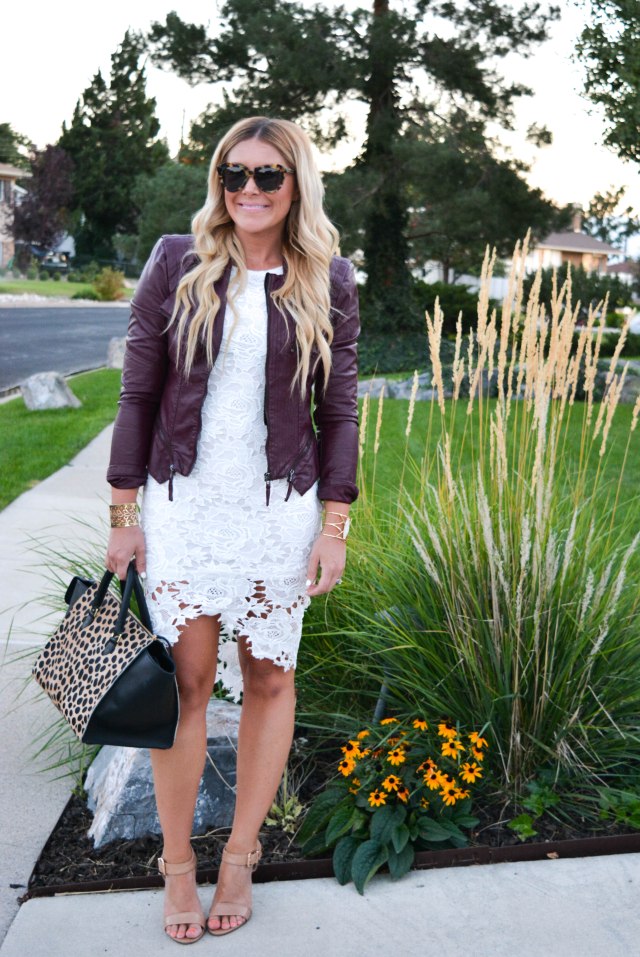 fall fashion, lace dress, leather jacket, karen walker sunglasses