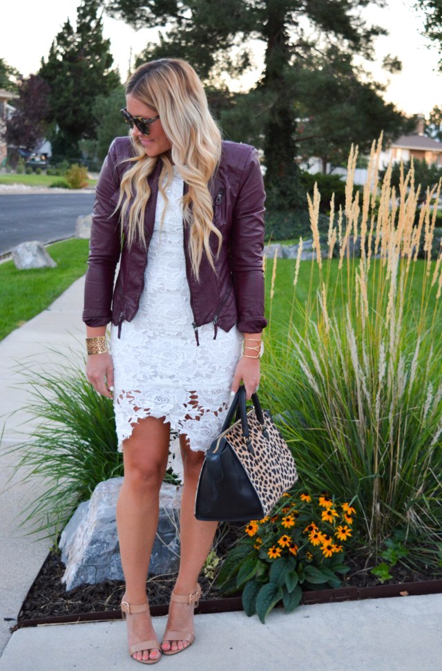 transitional fashion, leopard bag, karen walker sunglasses, nude heels, white lace dress